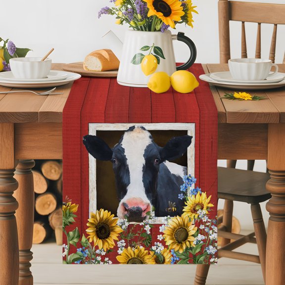 Kitchen Table Runner 36 Inches Long, Red Barn and Farmhouse Milk Cow Cotton Linen Table Runners for Dining Tables Home Holiday Party Wedding, Farm Animal Retro Sunflower Floral Tabletop Scarf