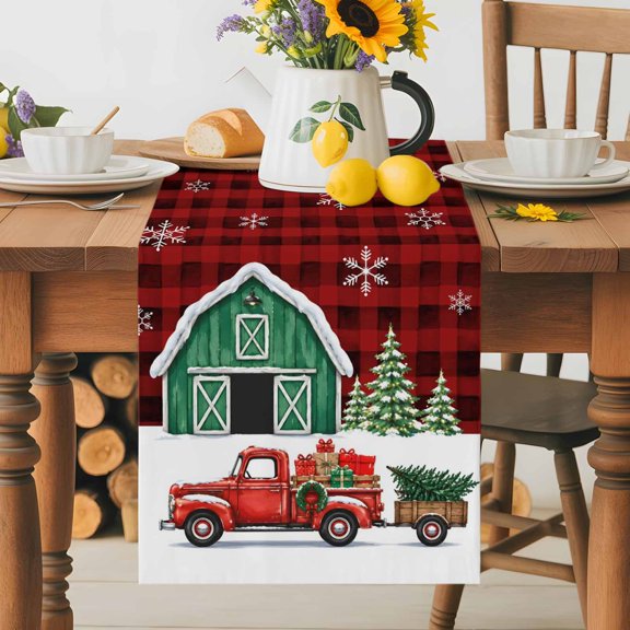 Kitchen Table Runner 36 Inches Long, Red Farm Truck Christmas Tree Cotton Linen Table Runners for Dining Tables Home Holiday Party Wedding, Snowflake Red Buffalo Plaid Tabletop Scarf