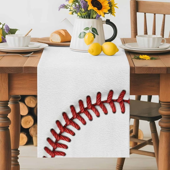 Kitchen Table Runner 36 Inches Long, Red White Baseball Stitching Texture Cotton Linen Table Runners for Dining Tables Home Holiday Party Wedding, Sport Theme Tabletop Scarf