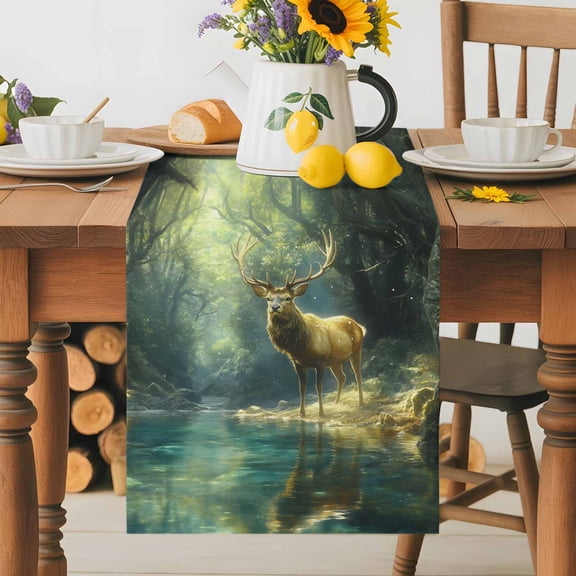 Kitchen Table Runner 36 Inches Long, Reindeer in The Forest Cotton Linen Table Runners for Dining Tables Home Holiday Party Wedding, Hunting Nature Scenery Clear Lake Tabletop Scarf