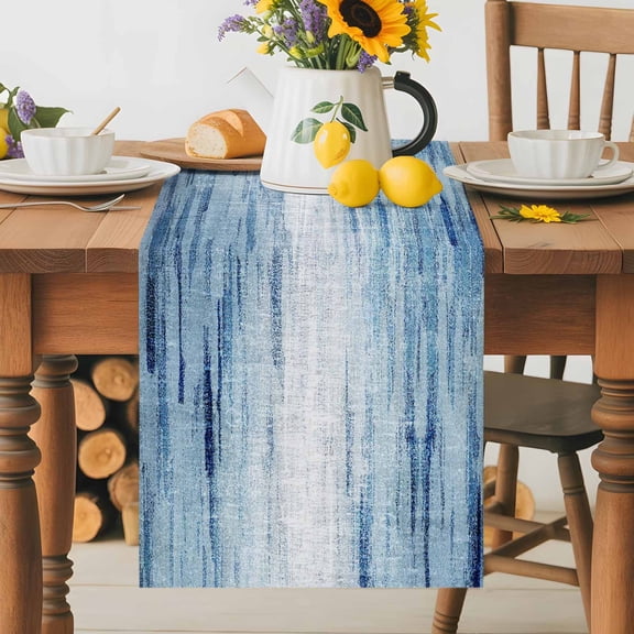 Kitchen Table Runner 36 Inches Long, Retro Blue Texture Pattern Cotton Linen Table Runners for Dining Tables Home Holiday Party Wedding, Abstract Art Tabletop Scarf