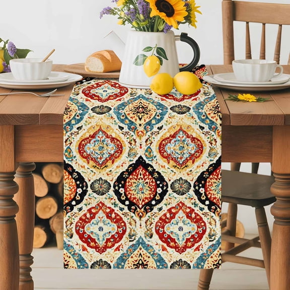 Kitchen Table Runner 36 Inches Long, Retro Boho Moroccan Geometric Cotton Linen Table Runners for Dining Tables Home Holiday Party Wedding, Vintage Terracotta Art Tabletop Scarf