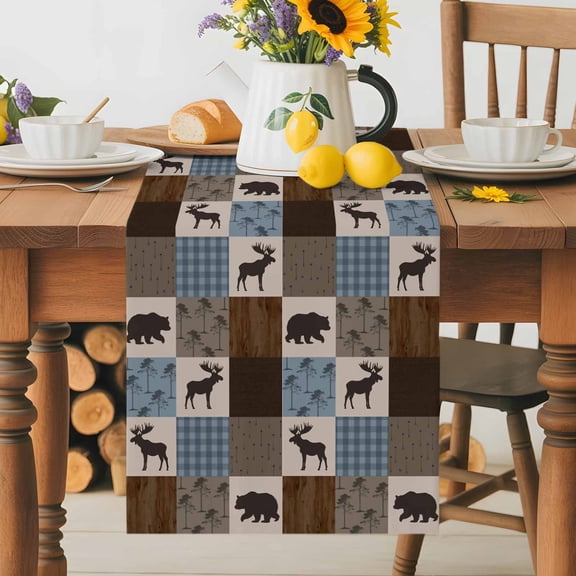 Kitchen Table Runner 36 Inches Long, Retro Deer Bear Plaid Check Cotton Linen Table Runners for Dining Tables Home Holiday Party Wedding, Abstract Patchwork Pattern Tabletop Scarf