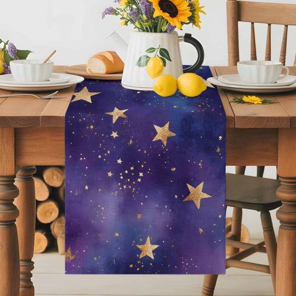 Kitchen Table Runner 36 Inches Long, Retro Dream Star on Purple Cotton Linen Table Runners for Dining Tables Home Holiday Party Wedding, Romantic Starry Sky Tabletop Scarf