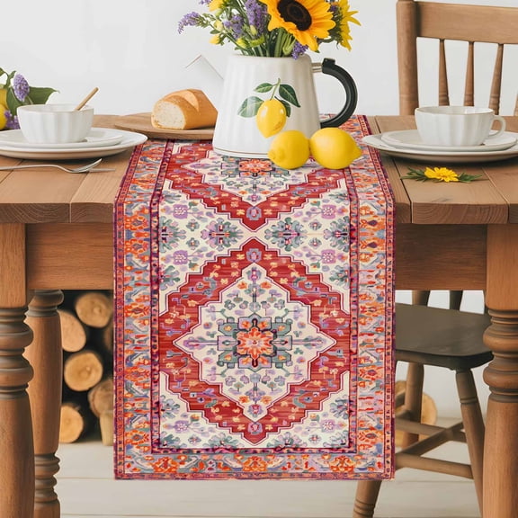 Kitchen Table Runner 36 Inches Long, Retro Medieval Turkish Pattern Cotton Linen Table Runners for Dining Tables Home Holiday Party Wedding, Classic Ethnic Flower Tabletop Scarf