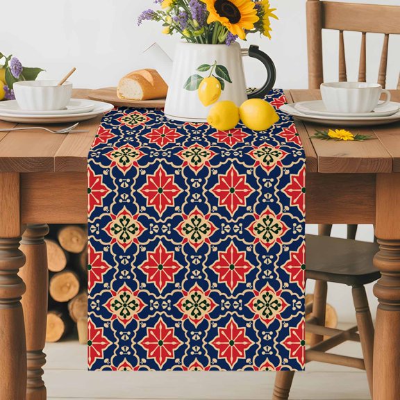 Kitchen Table Runner 36 Inches Long, Retro Morocco Ethnic Style Cotton Linen Table Runners for Dining Tables Home Holiday Party Wedding, Abstract Red Floral Art Tabletop Scarf