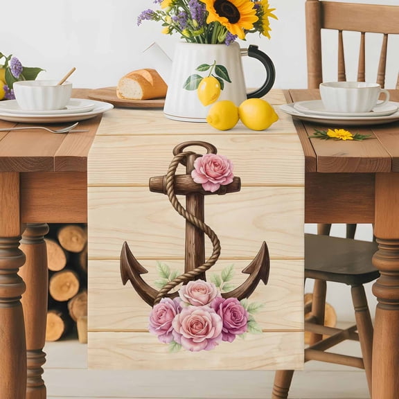 Kitchen Table Runner 36 Inches Long, Retro Nautical Anchor Pink Rose Cotton Linen Table Runners for Dining Tables Home Holiday Party Wedding, Farm Wood Background Tabletop Scarf