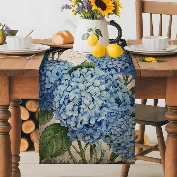 Kitchen Table Runner 36 Inches Long, Retro Peacock Blue Hydrangea Cotton Linen Table Runners for Dining Tables Home Holiday Party Wedding, Watercolor Flower Letter Back Tabletop Scarf