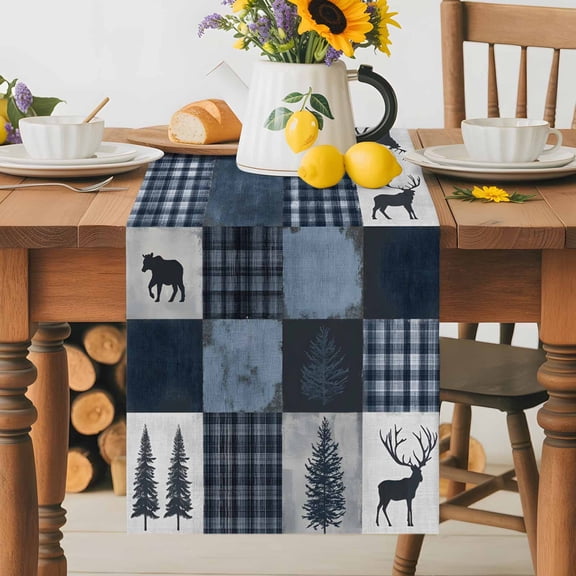 Kitchen Table Runner 36 Inches Long, Retro Pine Tree Deer Silhouette Cotton Linen Table Runners for Dining Tables Home Holiday Party Wedding, Forest Animal Plant Checkered Tabletop Scarf