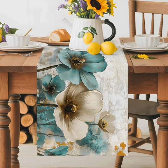 Kitchen Table Runner 36 Inches Long, Retro Watercolor Flowers Tulip Cotton Linen Table Runners for Dining Tables Home Holiday Party Wedding, Spring Farmhouse Floral Tabletop Scarf