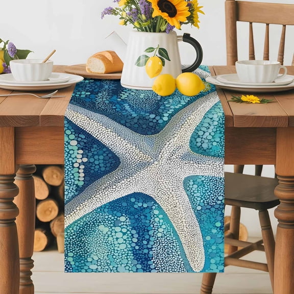 Kitchen Table Runner 36 Inches Long, Retro Watercolor Marine Starfish Cotton Linen Table Runners for Dining Tables Home Holiday Party Wedding, Ocean Theme Abstract Polka Dot Tabletop Scarf
