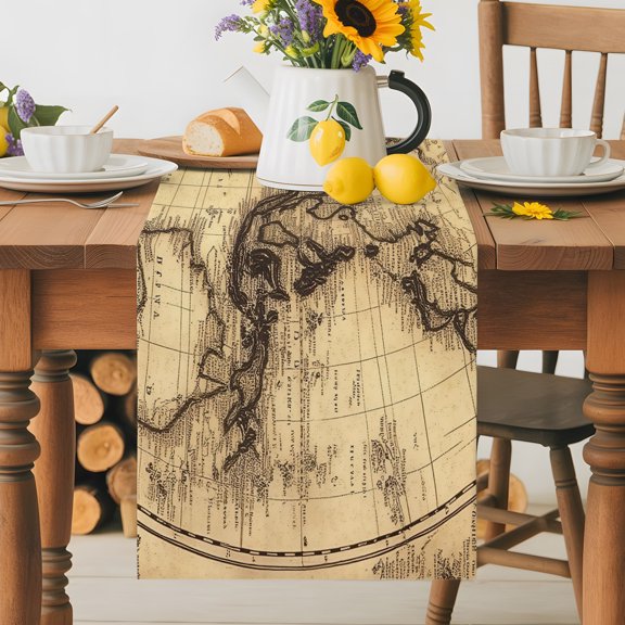 Kitchen Table Runner 36 Inches Long, Retro Yellow World Map North America Asia Cotton Linen Table Runners for Dining Tables Home Holiday Party Wedding, Pacific Plate Tabletop Scarf