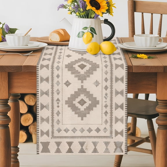 Kitchen Table Runner 36 Inches Long, RetroTribal Geometric Southwestern Cotton Linen Table Runners for Dining Tables Home Holiday Party Wedding, Aztec Tan Diamond Tabletop Scarf