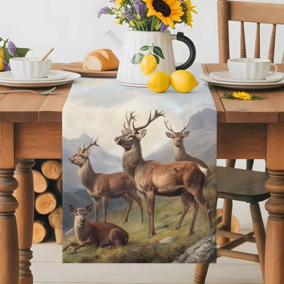 Kitchen Table Runner 36 Inches Long, Rustic Animal Deer Herd Cotton Linen Table Runners for Dining Tables Home Holiday Party Wedding, Mountain Landscape Tabletop Scarf