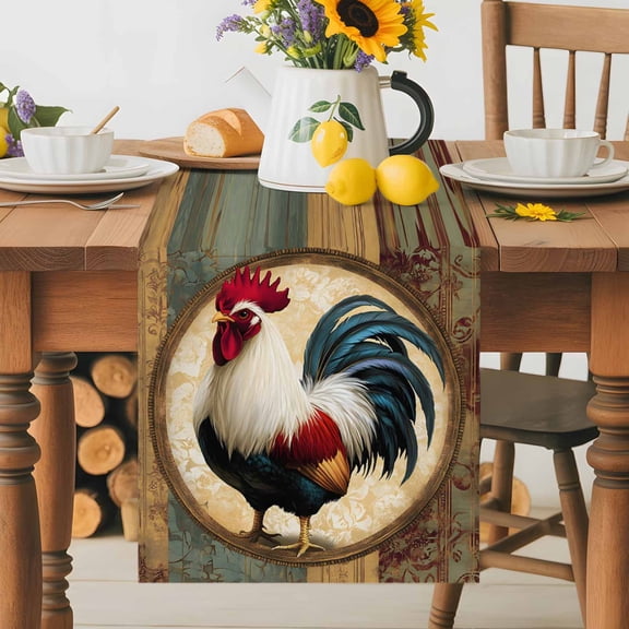 Kitchen Table Runner 36 Inches Long, Rustic Farmhouse Rooster Cotton Linen Table Runners for Dining Tables Home Holiday Party Wedding, Vintage Farm Animal Tabletop Scarf