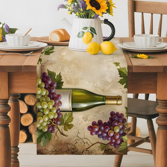 Kitchen Table Runner 36 Inches Long, Rustic Grapes Wine Goblets Bottles Cotton Linen Table Runners for Dining Tables Home Holiday Party Wedding, Farmhouse Italian Manor Tabletop Scarf