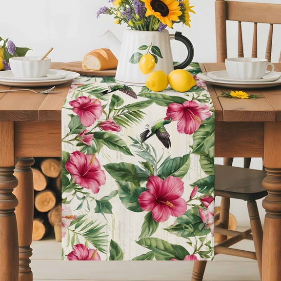 Kitchen Table Runner 36 Inches Long, Rustic Hibiscus Flower Hummingbird Cotton Linen Table Runners for Dining Tables Home Holiday Party Wedding, Summer Floral Leaf Bird Tabletop Scarf