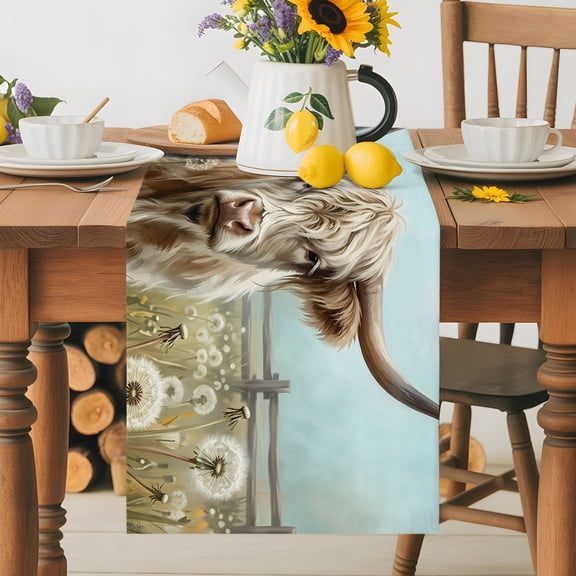 Kitchen Table Runner 36 Inches Long, Rustic Highland Cow Dandelion Cotton Linen Table Runners for Dining Tables Home Holiday Party Wedding, Farm Wood Barn Glassland Tabletop Scarf