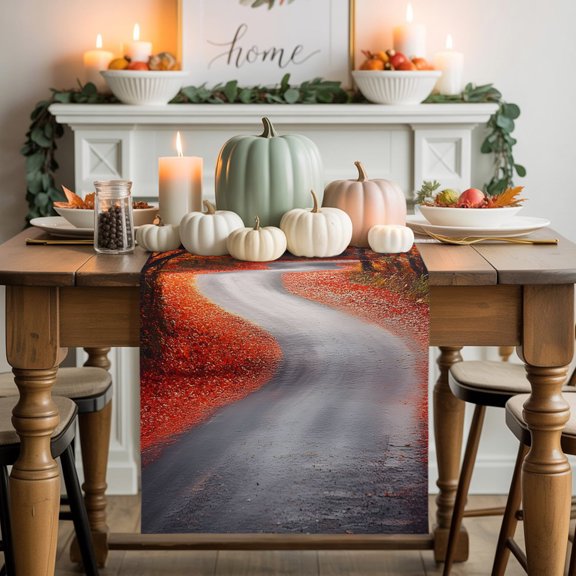 Kitchen Table Runner 36 Inches Long, Rustic Maple Leaf Tree Road Cotton Linen Table Runners for Dining Tables Home Holiday Party Wedding, Watercolor Autumn Leaves Tabletop Scarf