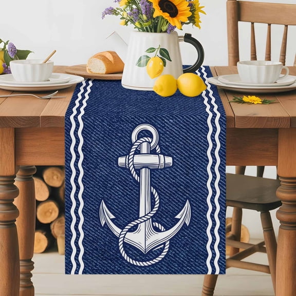 Kitchen Table Runner 36 Inches Long, Rustic Midnight Blue Ship Anchor Cotton Linen Table Runners for Dining Tables Home Holiday Party Wedding, Nautical Ocean Waves Tabletop Scarf