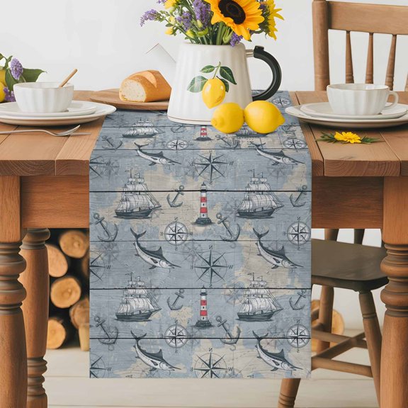 Kitchen Table Runner 36 Inches Long, Sailing Anchor Compass Fish Cotton Linen Table Runners for Dining Tables Home Holiday Party Wedding, Retro Wood Plank Nautical Theme Tabletop Scarf