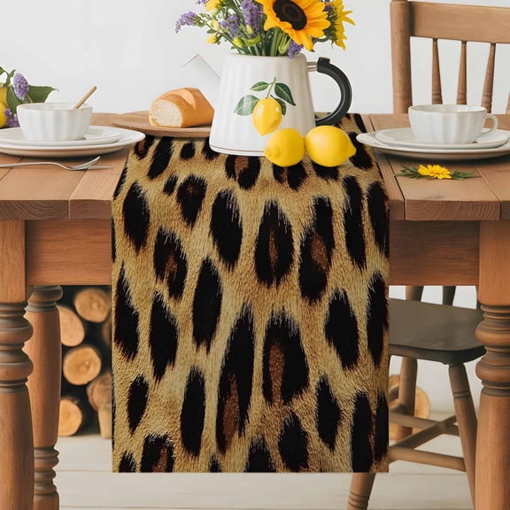 Kitchen Table Runner 36 Inches Long, Sexy Leopard Skin Texture Cotton Linen Table Runners for Dining Tables Home Holiday Party Wedding, Animal Pattern Vintage Brown Tabletop Scarf