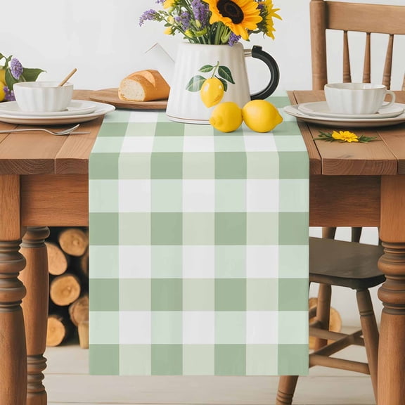 Kitchen Table Runner 36 Inches Long, Simple White Green Buffalo Plaid Cotton Linen Table Runners for Dining Tables Home Holiday Party Wedding, Spring Checker Gingham Tabletop Scarf