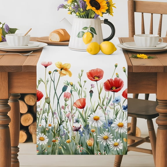 Kitchen Table Runner 36 Inches Long, Spring Colorful Wild Flowers Cotton Linen Table Runners for Dining Tables Home Holiday Party Wedding, Pastoral Watercolor Daisy Bud Tabletop Scarf