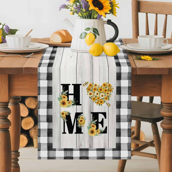 Kitchen Table Runner 36 Inches Long, Spring Farm Sunflowers Home Quotes Cotton Linen Table Runners for Dining Tables Home Holiday Party Wedding, Black White Plaid Tabletop Scarf