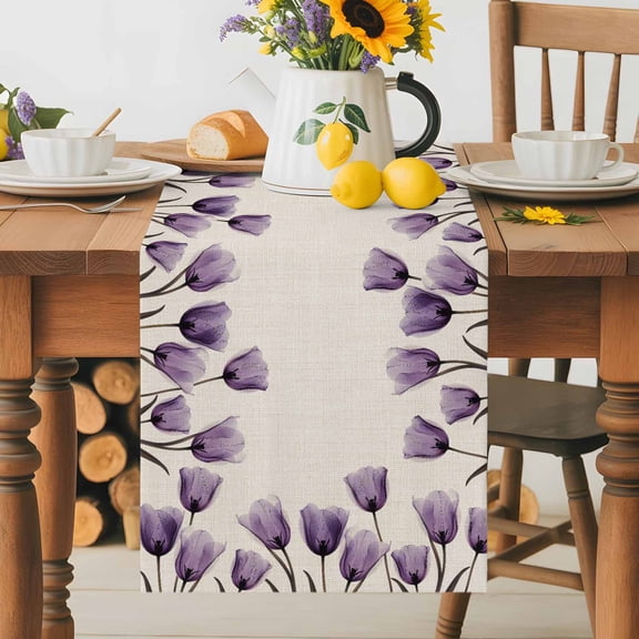 Kitchen Table Runner 36 Inches Long, Spring Flowers Tulip Cotton Linen Table Runners for Dining Tables Home Holiday Party Wedding, Vintage Country Purple Floral Tabletop Scarf