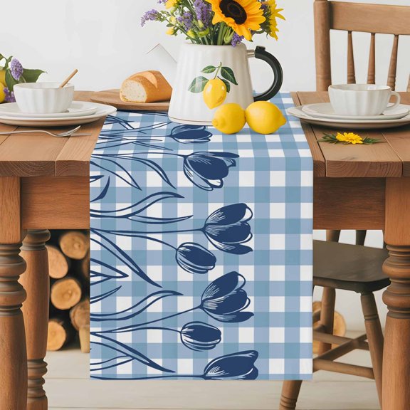 Kitchen Table Runner 36 Inches Long, Spring Silhouette Tulip on Blue Plaid Cotton Linen Table Runners for Dining Tables Home Holiday Party Wedding, Abstract Flower Tabletop Scarf