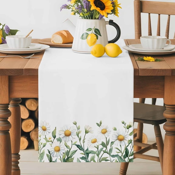 Kitchen Table Runner 36 Inches Long, Spring Watercolor Daisy Flower Cotton Linen Table Runners for Dining Tables Home Holiday Party Wedding, Garden White Floral Green Leaves Tabletop Scarf