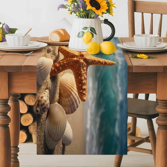 Kitchen Table Runner 36 Inches Long, Starfish Shell Conch on Beach Cotton Linen Table Runners for Dining Tables Home Holiday Party Wedding, Summer Coastal Ocean Theme Tabletop Scarf