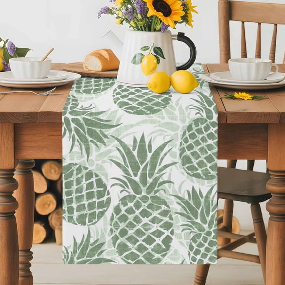 Kitchen Table Runner 36 Inches Long, Summer Abstract Sage Green Pineapple Cotton Linen Table Runners for Dining Tables Home Holiday Party Wedding, Vintage Foliage Tabletop Scarf