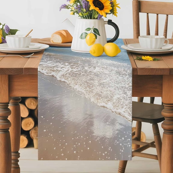 Kitchen Table Runner 36 Inches Long, Summer Beach Ocean Wave Cotton Linen Table Runners for Dining Tables Home Holiday Party Wedding, Coastal Seaside Scenery Theme Tabletop Scarf