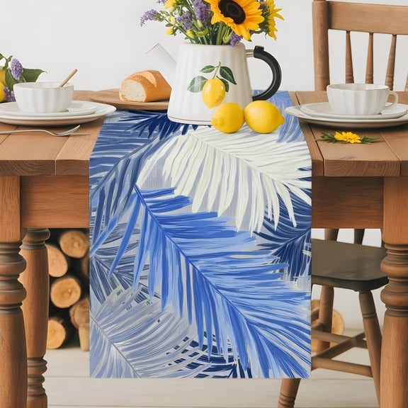 Kitchen Table Runner 36 Inches Long, Summer Coastal Botanical Palm Leaves Cotton Linen Table Runners for Dining Tables Home Holiday Party Wedding, Tropical Foliage Sketch Tabletop Scarf