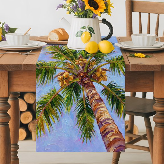 Kitchen Table Runner 36 Inches Long, Summer Coconut Tree Tropical Leaf Cotton Linen Table Runners for Dining Tables Home Holiday Party Wedding, Watercolor Oil Painting Style Tabletop Scarf
