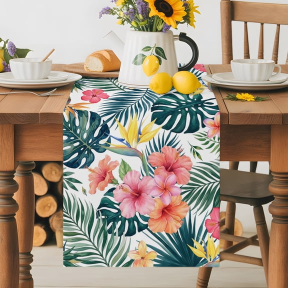 Kitchen Table Runner 36 Inches Long, Summer Colorful Hibiscus Flower Cotton Linen Table Runners for Dining Tables Home Holiday Party Wedding, Tropical Monstera Plam Leaf Tabletop Scarf