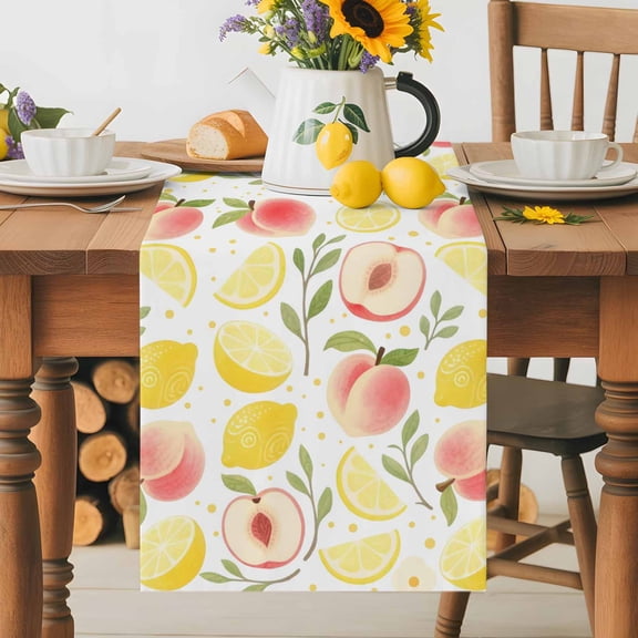 Kitchen Table Runner 36 Inches Long, Summer Fruit Peaches Lemons Cotton Linen Table Runners for Dining Tables Home Holiday Party Wedding, Watercolor Plants Tabletop Scarf