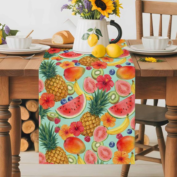 Kitchen Table Runner 36 Inches Long, Summer Fruits Watermelon Pineapple Cotton Linen Table Runners for Dining Tables Home Holiday Party Wedding, Mango Barley Kiwi Tabletop Scarf
