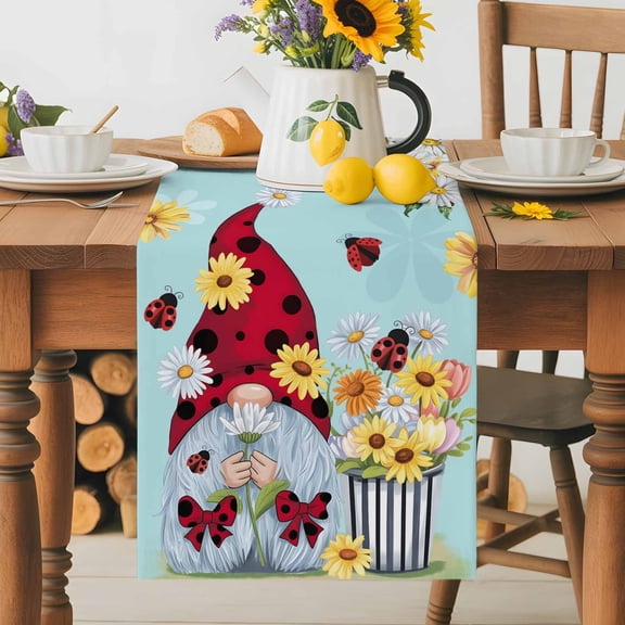 Kitchen Table Runner 36 Inches Long, Summer Ladybug Gnome Daisy Flower Cotton Linen Table Runners for Dining Tables Home Holiday Party Wedding, Watercolor Bloom Floral on Blue Tabletop Scarf