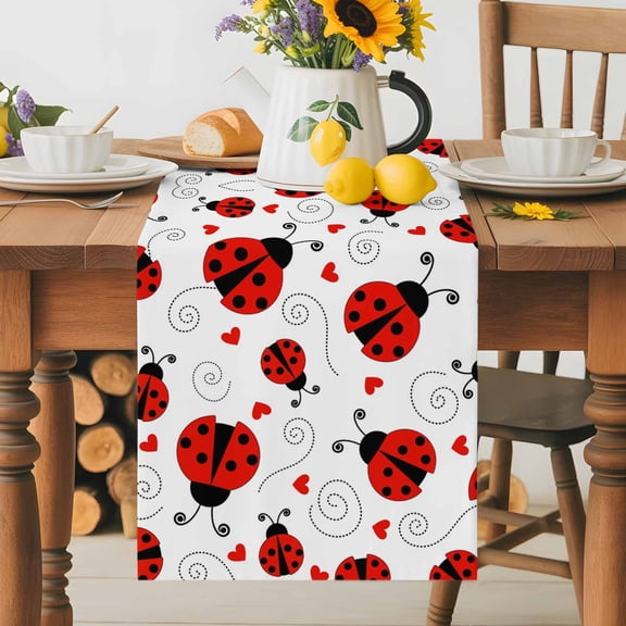 Kitchen Table Runner 36 Inches Long, Summer Ladybug Red Love Cotton Linen Table Runners for Dining Tables Home Holiday Party Wedding, Fun Cartoon Animal Tabletop Scarf