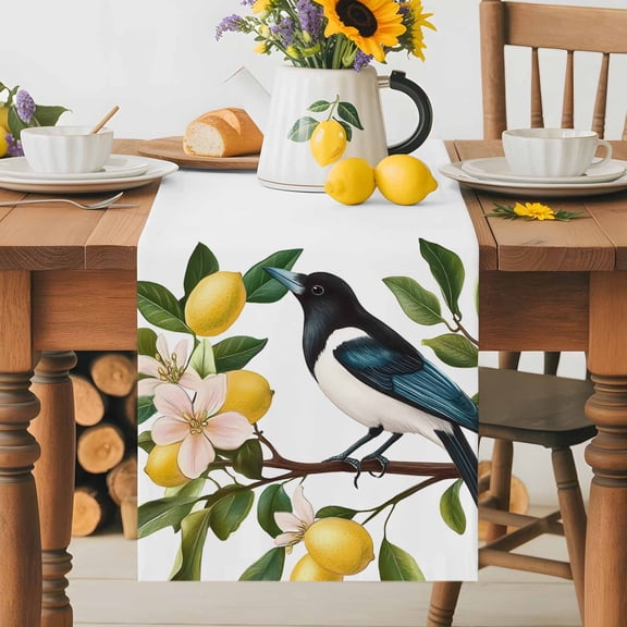 Kitchen Table Runner 36 Inches Long, Summer Lemon Flower Magpie Cotton Linen Table Runners for Dining Tables Home Holiday Party Wedding, Watercolor Bird in Branch Tabletop Scarf