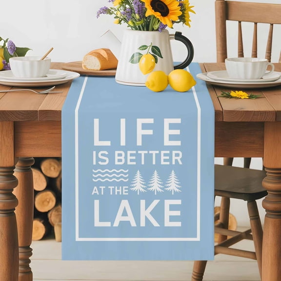 Kitchen Table Runner 36 Inches Long, Summer Life Lake Quote Cotton Linen Table Runners for Dining Tables Home Holiday Party Wedding, White Stripe Blue Back Tabletop Scarf