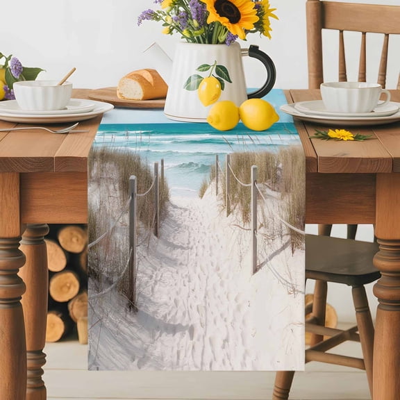 Kitchen Table Runner 36 Inches Long, Summer Nautical Beach Sea Blue Sky Cotton Linen Table Runners for Dining Tables Home Holiday Party Wedding, Coastal Seascape Theme Tabletop Scarf