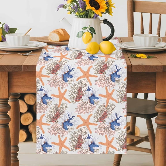 Kitchen Table Runner 36 Inches Long, Summer Ocean Starfish Coral Cotton Linen Table Runners for Dining Tables Home Holiday Party Wedding, Coastal Nautical Marine Themes Tabletop Scarf
