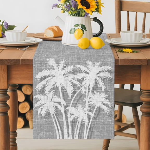 Kitchen Table Runner 36 Inches Long, Summer Palm Tree on Gray Cotton Linen Table Runners for Dining Tables Home Holiday Party Wedding, Beach Plant Linen Texture Tabletop Scarf