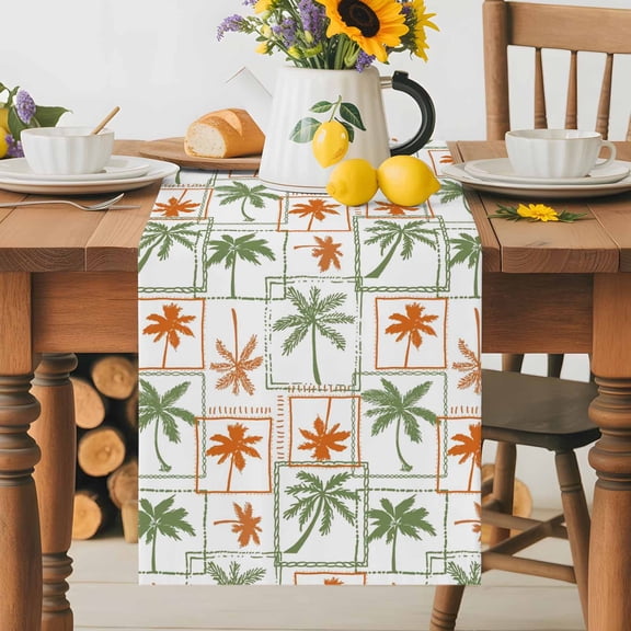 Kitchen Table Runner 36 Inches Long, Summer Palm Trees Cotton Linen Table Runners for Dining Tables Home Holiday Party Wedding, Tropical Plant Orange Green Tree Tabletop Scarf