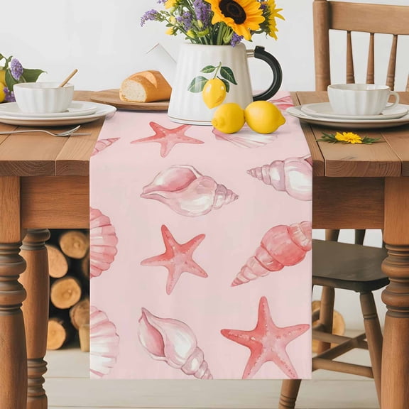 Kitchen Table Runner 36 Inches Long, Summer Pink Conch Shell Starfish Cotton Linen Table Runners for Dining Tables Home Holiday Party Wedding, Coastal Ocean Creature Tabletop Scarf