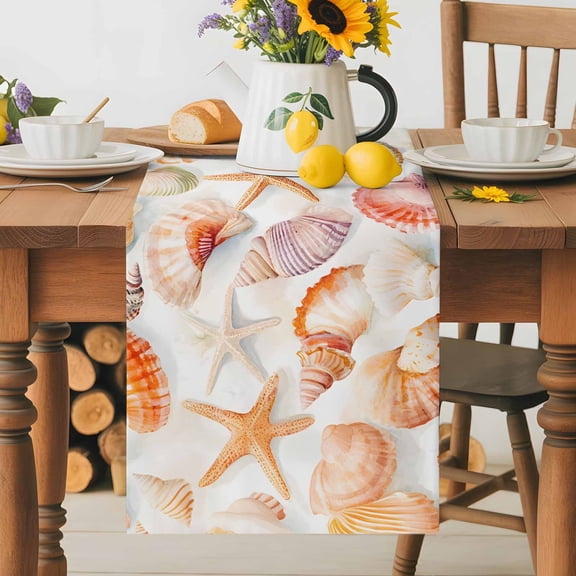 Kitchen Table Runner 36 Inches Long, Summer Seaside Shell Starfish Conch Cotton Linen Table Runners for Dining Tables Home Holiday Party Wedding, Coastal Nautical Theme Tabletop Scarf